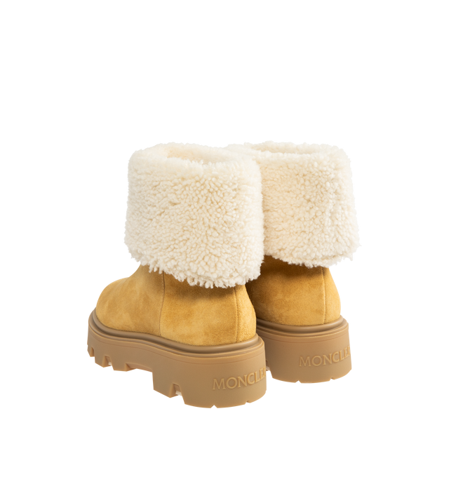 Image 3 of 4 - BROWN - MONCLER Aurea Mid Suede & Shearling Boots featuring suede and long-haired sheepskin upper, long-haired sheepskin insole, TPU sole with EVA filler and leather welt. Calf length 13 cm. Sole height 4 cm.
