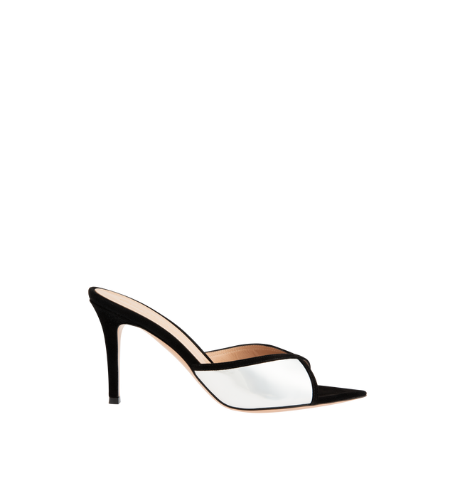 Image 1 of 4 - BLACK - GIANVITO ROSSI Mule Sandal featuring smooth calf leather and metallic accent upper, slip-on mule style and leather footbed and lining. Approx 85 mm / 3.35 inch heel. Made in Italy.