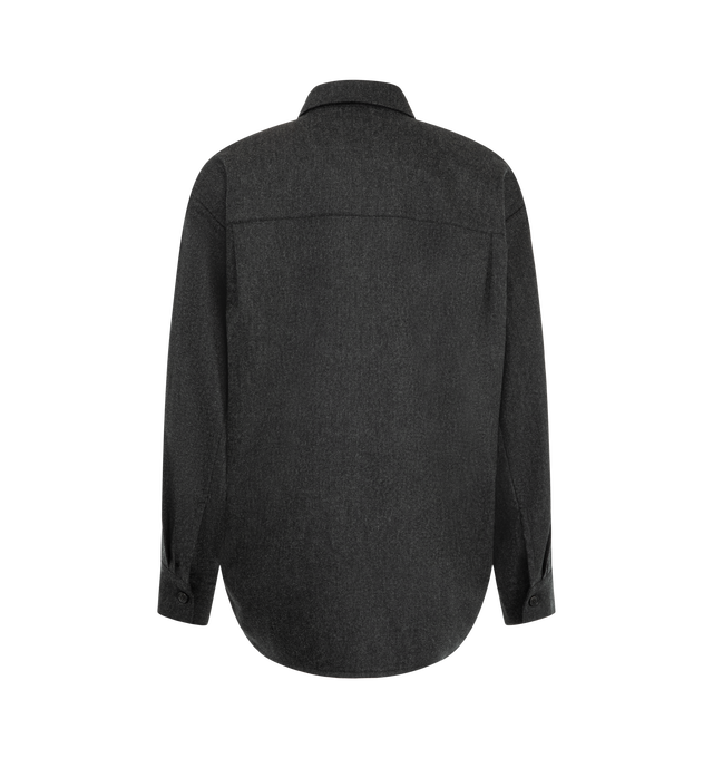 Image 2 of 2 - BLACK - Khaite Women's Wool Cashmere Shirt is crafted from lightweight Italian wool-cashmere shirting and features an oversized silhouette, a cutaway collar inspired by classic menswear, and a button-front closure. Designed with side seams that accentuate its rounded shape, the style is finished with dropped shoulders, a back yoke, structured single-button cuffs, and a hem that falls longer at the back. Main Material: 90% Virgin Wool, 8% Cashmere, 2% Elastane. Made in Italy.