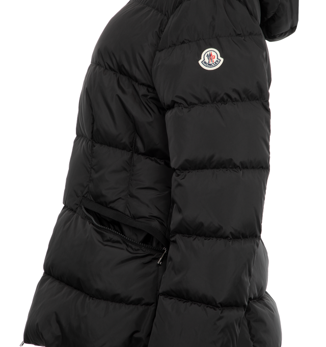 Image 3 of 3 - BLACK - Moncler Avoce Down Jacket features a zipper closure, an adjustable hood, and zipped welt pockets. Recycled longue saison lining. 100% polyamide, Fill: 90% down, 10% feather. Made in Armenia or Italy.