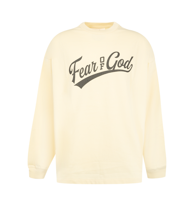 Image 1 of 2 - NEUTRAL - Fear of God Mens Merch Long Sleeve T-Shirt is crafted from heavyweight 300 GSM cotton jersey. Features a boxy relaxed fit, dropped shoulders, ribbed crew neckline and cuffs, crackle-printed Fear of God graphic at the front, crackle-printed "26" graphic at the back, and an Essentials signature label at the back collar. Main Material: 100% Cotton.