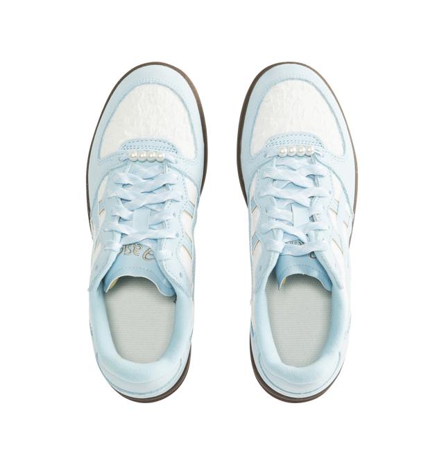 Image 5 of 5 - BLUE - ASICS Skyhand OG Sneaker featuring soft suede upper, FLYTEFOAM PROPEL cushioning, EVA heel wedge, pearl-like shoelace accessory, patterned shoelace and rubber outsole.