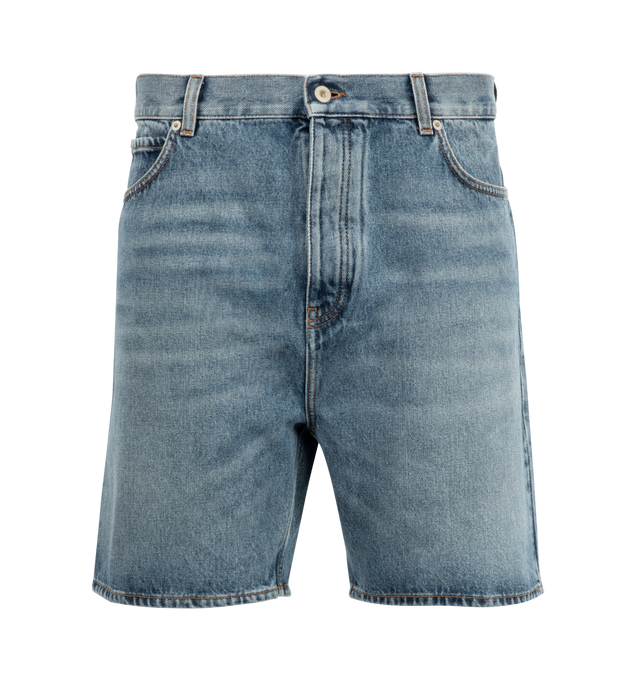 Image 1 of 3 - BLUE - LOEWE Denim Short featuring regular fit, regular length, mid waist, concealed button fly, five pocket style and LOEWE embossed leather patch placed at the back. 100% cotton. Made in Italy.