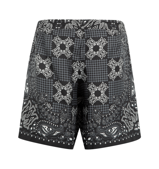 Image 2 of 3 - BLACK - Amiri Mens MA Check Silk Shorts are crafted from silk. Features an elasticized waistband with drawcord, side seam pockets, and all-over MA Check print combining the signature bandana motif with the MA Quad monogram. Main Material: 100% Silk. Made in Turkey.
