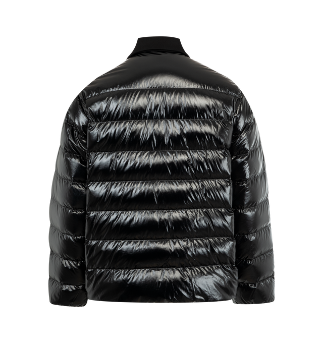 Image 2 of 3 - BLACK - Moncler x A$AP Rocky Vardar Down Polo Shirt Jacket featuring nylon laqu lining, intarsia details, down-filled, cotton collar, button closure, zipper closure at the side, hem with drawstring fastening, logo print and logo patches. 100% polyamide/nylon. Padding: 90% down, 10% feather.