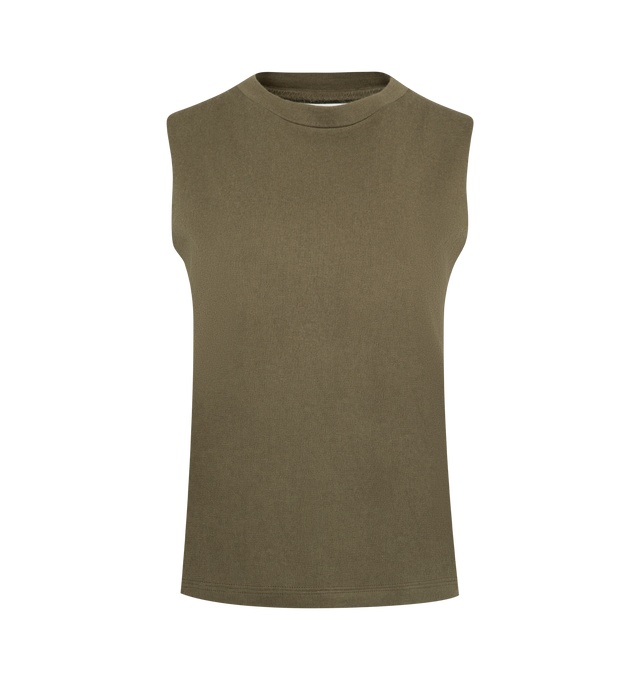 Image 1 of 2 - GREEN - EXTREME CASHMERE Player Tank featuring a soft, skin-hugging muscle fit tank top in breathable cotton cashmere blend, a flatlock hem and short and boxy silhouette. 70% cotton, 30% cashmere.
