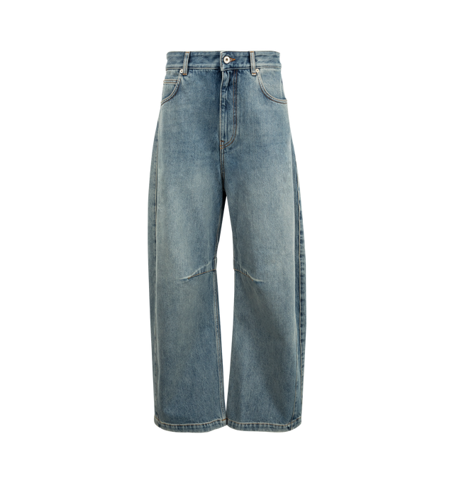 Image 1 of 3 - BLUE - Loewe Women's Anagram barrel jeans in medium-weight washed cotton denim featuring a balloon silhouette with darts at the knees and a bleached Anagram placed at the hip. Regular fit, regular length, mid waist, loose leg with concealed zip fastening, five pocket style and LOEWE embossed suede patch placed at the back. Cotton. Made in Italy.