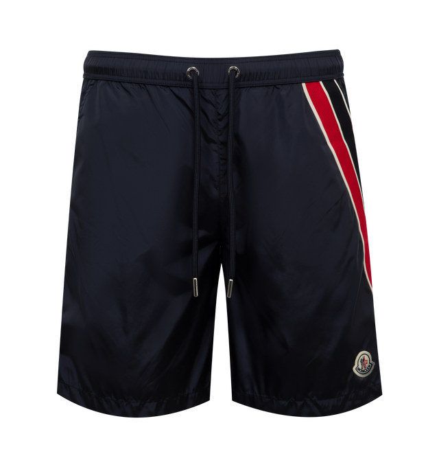 Image 1 of 3 - BLACK - MONCLER Swim Trunks featuring nylon technique, mesh lining, waistband with drawstring fastening, tricolor trim at the front, pocket with snap button closure, inner pockets and silicone logo patch. 100% polyamide/nylon.