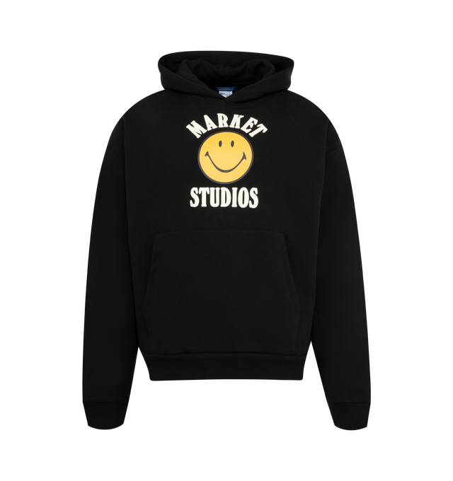 Image 1 of 2 - BLACK - MARKET Smiley Lockup Hoodie featuring hooded neckline, ribbed hem and cuffs, embroidered graphic front and front kangaroo pocket. 100% cotton.