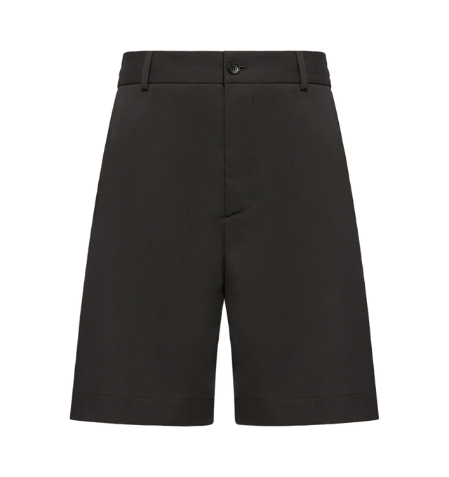 Image 1 of 1 - BLACK - Moncler Mens Wool Blend Gabardine Bermuda Shorts are crafted from a wool blend gabardine and feature an elastic waistband with drawstring fastening, zip and button closure, back patch pockets, and a leather logo patch. These designer Bermuda shorts combine tailored styling with everyday functionality for a refined warm-weather look. Main Material: 55% Polyester, 43% Wool, 2% Elastane; Trim: Leather. Made in Romania.