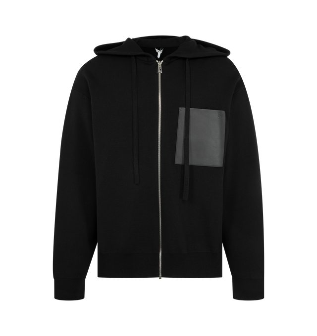Image 1 of 2 - BLACK - LOEWE Zip-Up Hoodie in medium-weight wool featuring regular fit, regular length, double face stitch, hooded collar, leather chest patch pocket, zip front fastening, ribbed cuffs and hem and embossed Anagram placed on the chest pocket. Wool. Weight. Made in Italy.