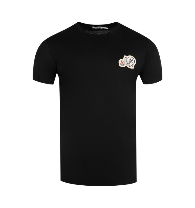 Image 1 of 2 - BLACK - MONCLER Logo Patch Tee featuring cotton jersey, crew neck, short sleeves, printed logo and logo patch. 100% cotton.