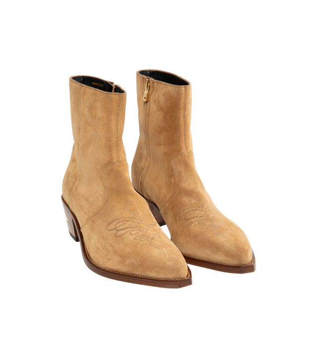 Image 2 of 4 - NEUTRAL - Amiri Men's Suede MA Pointy Boots are crafted from premium suede and feature a sleek pointed-toe silhouette with a streamlined profile for a refined Western-inspired look. These designer ankle boots combine exceptional craftsmanship with Amiri's signature luxury aesthetic, creating a versatile statement style that transitions effortlessly from day to evening. Main Material: Suede. Sole: Leather.