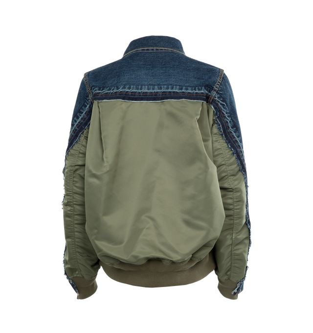 Image 2 of 3 - BLUE - SACAI Denim x Nylon Twill Jacket featuring front button closure, spread collar, long sleeves with ribbed cuffs, chest button-flap patch pockets, front welt pockets, sleeve zip utility pocket and partially lined. 100% cotton with 100% nylon contrast. Made in Japan.