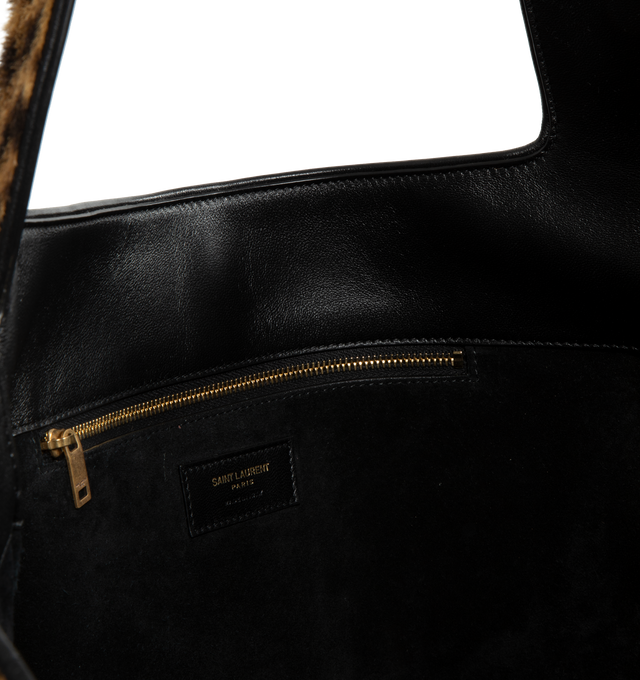 Image 3 of 3 - BROWN - SAINT LAURENT LE 5 7 Bea Bag featuring supple tote in leopard-print pony hair and nappa leather, lightweight and fully lined in suede, inner zip pocket and leather tab closure decorated with the CASSANDRE, east/west format make it both spacious and functional, while inner ties allow the sides to be collapsed or expanded to create different silhouettes. 19.7" x 11" x 7.1". Handle drop: 11". Calfskin leather.