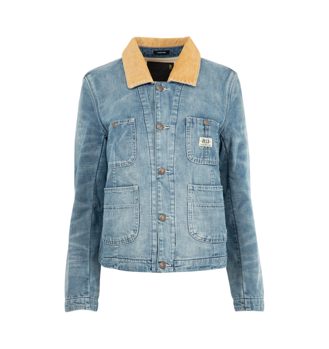 Image 1 of 3 - BLUE - R13 Cropped Chore Jacket featuring a corduroy collar, fitted, cropped, built with lightweight 8 oz. Japanese rigid denim with a medium-light wash and mild wear pattern. 100% cotton.