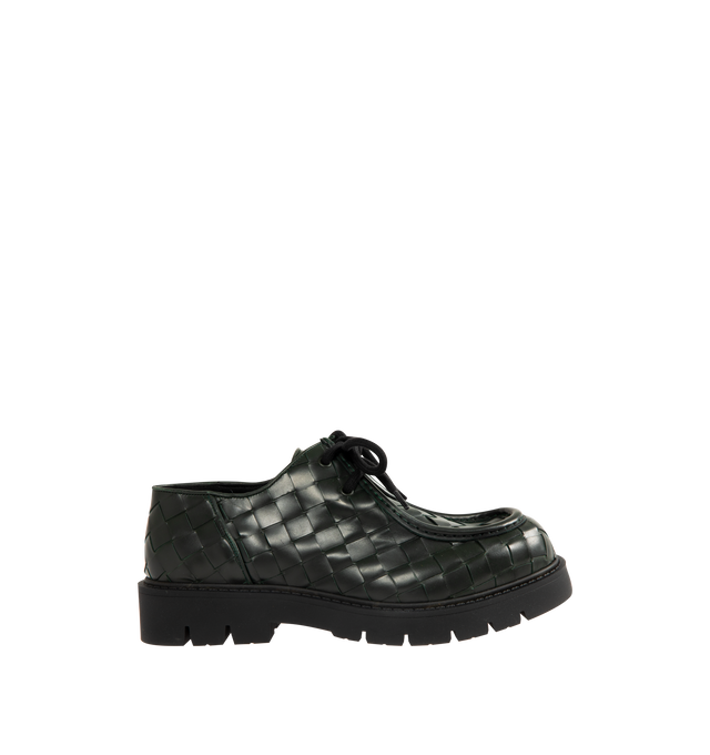 Image 1 of 4 - GREEN - Bottega Veneta Men's Haddock Dark Green Lace-Up Shoe in smooth calfskin with all-over Intrecciato craftsmanship. Upper and lining: calfskin leather. Rubber outsole. Made in Italy.