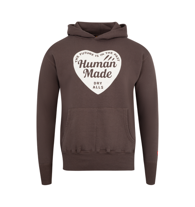 Image 1 of 3 - BROWN - HUMAN MADE Tsuriami Heart Hoodie featuring fixed hood, kangaroo pouch pocket, extended trims, printed branding and woven brand patch. 100% cotton.