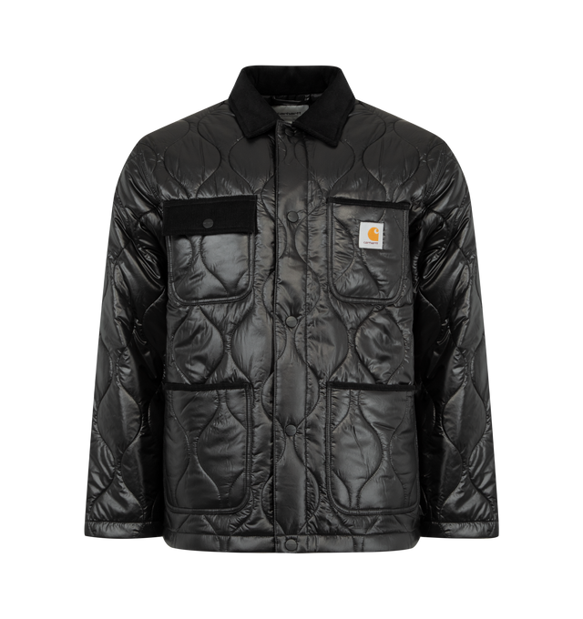 Image 1 of 2 - BLACK - CARHARTT WIP Oscar Chore Liner featuring corduroy collar, onion-quilted, front closure with buttons, two chest pockets, one with flap and button closure, two lower front pockets and square label. 100% polyester, 1.6 oz.
