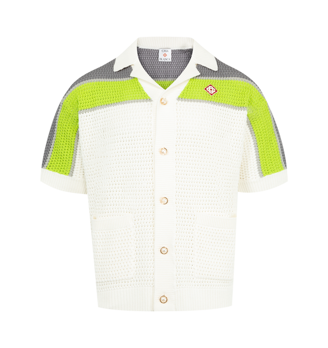 Image 1 of 2 - WHITE - CASABLANCA Stripe Crochet Shirt featuring warped logo and stripe detail across the shoulders, chest and sleeves, ribbed collar, cuffs and hem, front button closure, front patch pockets, signature gold rim pearl buttons and a relaxed silhouette. 100% cotton.