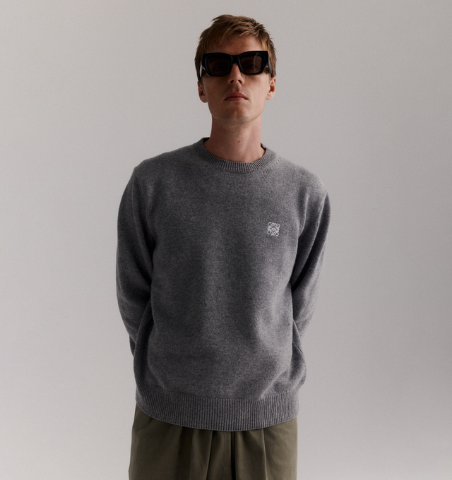 Image 2 of 3 - GREY - LOEWE Wool Sweater in medium-weight wool jersey stitch. Featuring regular fit, regular length, round neck, ribbed collar, cuffs and hem and Anagram embroidery placed at the chest. Wool. Made in Italy.