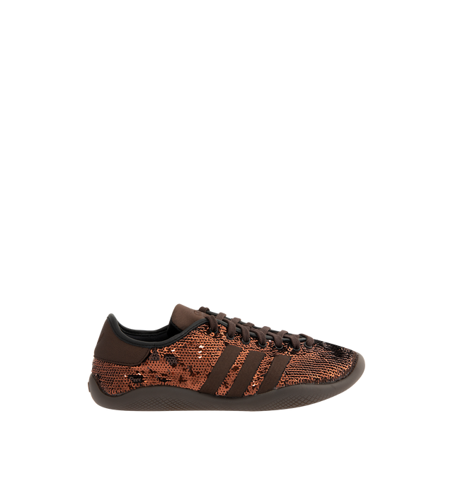 Image 1 of 5 - BROWN - ADIDAS X WALES Karintha Sequin Sneakers featuring sequin weave upper, satin trim, removable insole, textile lining, lace-up closure, round toe and rubber sole.