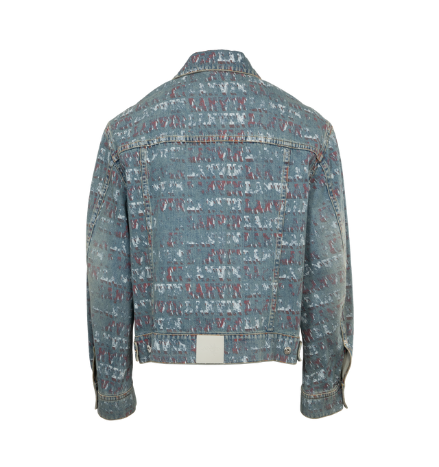 Image 2 of 3 - BLUE - LANVIN LAB X FUTURE Cross Front Denim Jacket featuring exclusive Lanvin print, spread collar, cross front button closure and flap and seam pockets. 100% cotton. Made in Italy. 