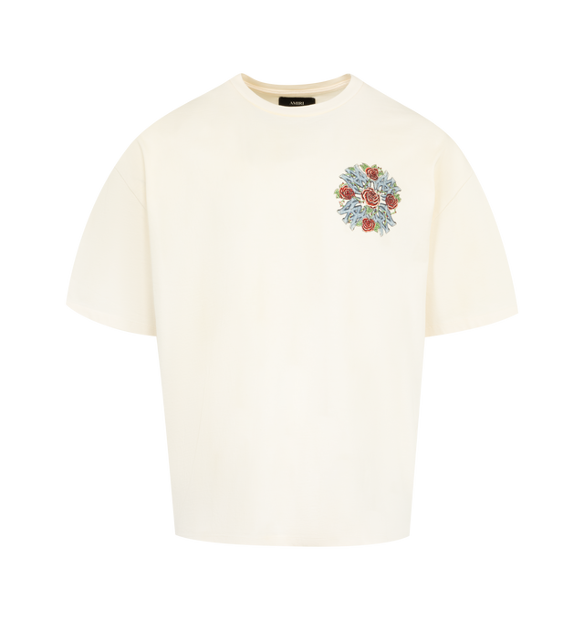 Image 1 of 2 - WHITE - AMIRI Crystal Out for Trouble T-shirt featuring cotton jersey, oversized fit, rib-knit crewneck, short sleeves, logo and graphic printed at chest and graphic printed at back. 100% cotton. Made in Italy.