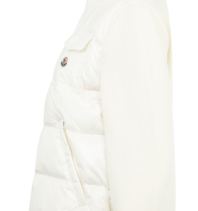 Image 3 of 3 - WHITE - MONCLER Padded Zip-Up Wool Cardigan featuring nylon lining, down-filled nylon front, gauge 5, zipper closure, pockets with button closure and logo patch. 100% polyamide/nylon. 100% virgin wool. Padding: 90% down, 10% feather.