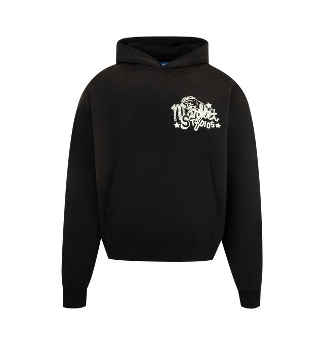 Image 1 of 2 - BLACK - MARKET Old West Graphic Hoodie featuring hooded pullover sweatshirt, western-inspired graphics, pouch front pocket, ribbing trims and boxy and oversized fit. 100% cotton.