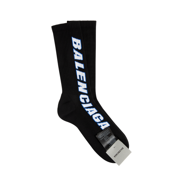 Image 1 of 2 - BLACK - BALENCIAGA Tilted Typo Socks in cotton blend featuring high socks, breathable fabric, tilted typo artwork jacquard and finishes in ribs. 71% cotton, 26% polyamide, 3% elastane. Made in Portugal.
