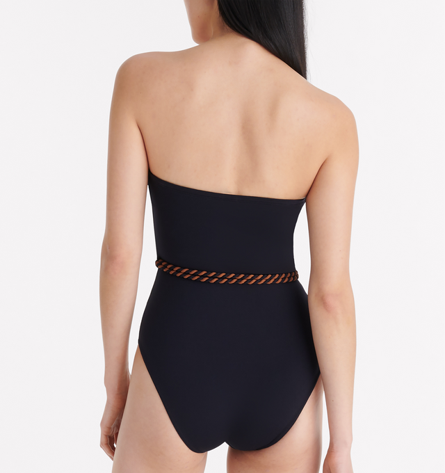 Image 4 of 5 - BLACK - ERES Majorette One-Piece Bustier Swimsuit featuring two-tone twisted belt to tie at the waist, gripper tape and side shirring. 84% Polyamid, 16% Spandex. Made in Morocco. 