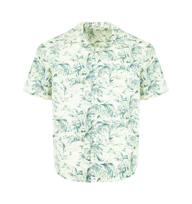 Image 1 of 2 - GREEN - AURALEE Printed Shirt featuring high-density "habutai" silk, hand-applied print, short sleeves, button front and relaxed fit. 100% silk.