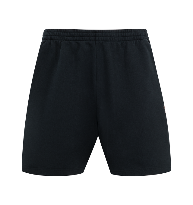 Image 1 of 3 - BLACK - BALENCIAGA Taped Balenciaga Back Shorts featuring dry fleece, elasticated waistband, 2 slash pockets, knee length and taped Balenciaga Back artwork embroidered at front. 100% cotton. Made in Portugal.