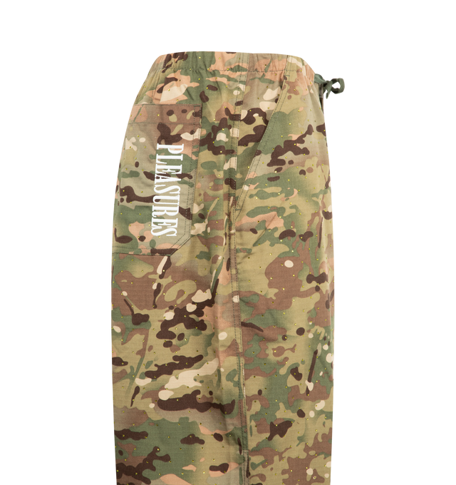 Image 3 of 3 - GREEN - PLEASURES Gem Camo Wide Pants featuring zip fly with button closure, 4-pocket styling, drawstring detail at hem, logo detail at side and lightweight twill fabric. 100% cotton.