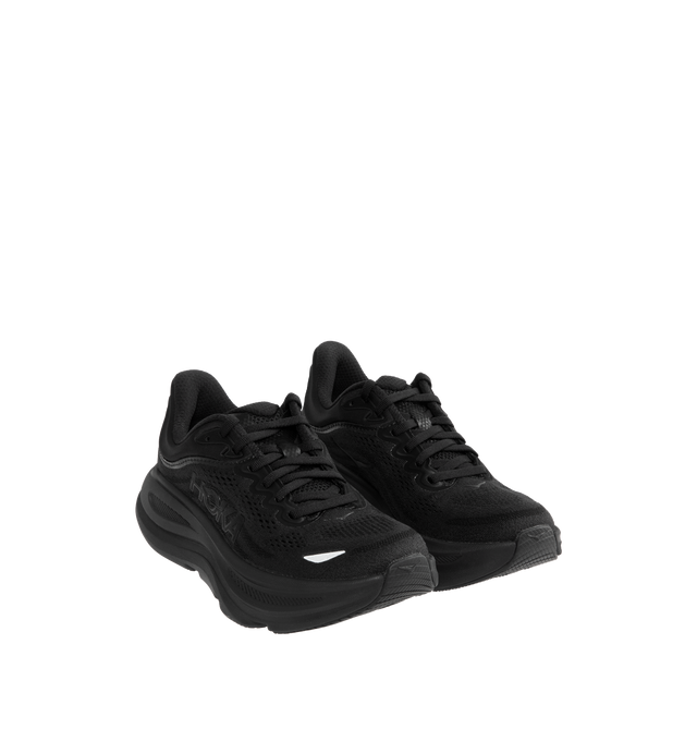 Image 2 of 5 - BLACK - HOKA W Bondi 9 Sneaker featuring performance mesh upper, cushioned collar and tongue, removable contoured insole, supportive midsole, textile lining, lace-up closure, round toe and rubber sole.