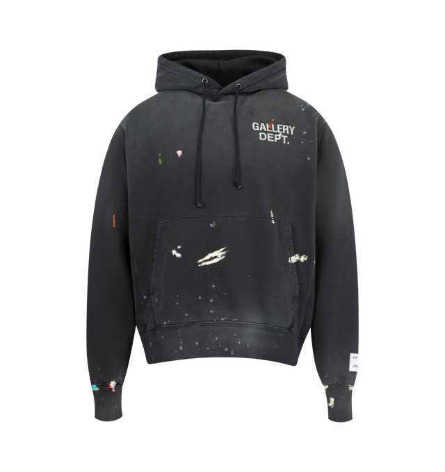 Image 1 of 3 - BLACK - GALLERY DEPT. GD Paint Logo Hoodie featuring logotype on the front, enlarged iteration on the back, front pocket, appliqud with our 'art on display' patch by the cuff and fixed hood. 100% cotton. Made in USA.