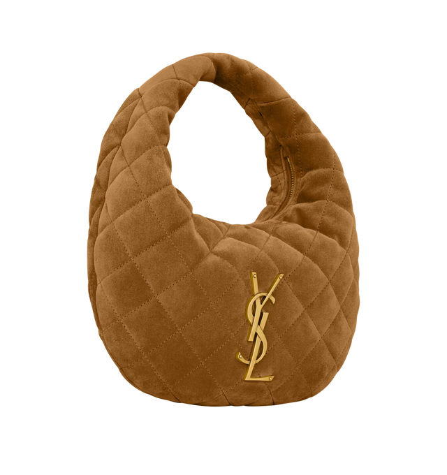 Image 2 of 3 - BROWN - SAINT LAURENT Icarino Suede Bag featuring diamond-quilted topstitching, logo on front, hand carry, leather lining, bronze-tone hardware and zip closure. 10.6" x 6.7" x 3". Handle drop: 5.3". Calfskin. Made in Italy.
