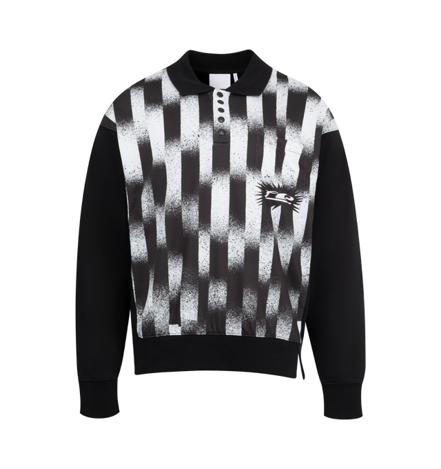 Image 1 of 2 - BLACK - LE PERE Mesh Longsleeve Polo featuring bold stripes across a breathable mesh front, cotton sleeves and back panel, point collar, snap-button closure and chest pocket. Made in Portugal.