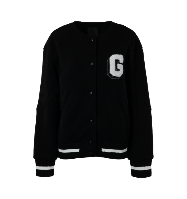 Image 1 of 3 - BLACK - GIVENCHY CUTLINES BOMBER VARSITY JACKET featuring crew neck, G patch embroidered on the front, ribbed details on the sleeves, ribbed elastic knit cuffs and hem with contrasting stripes, tone-on-tone snap closure and two side pockets with tone-on-tone piping. 100% wool. 