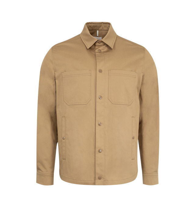 Image 1 of 3 - BROWN - Moncler Cotton Long Sleeve Shirt has a zipper and snap button closure, snap button pockets, adjustable cuffs, and a leather logo patch. 100% cotton. Made in Romania.