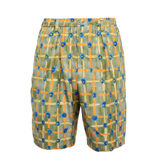 Image 1 of 4 - GREEN - MARNI BERMUDA SHORTS featuring button closure, elastic waistband, frontal america pockets and single pocket with button on the back. 100% silk. Made in Italy. 