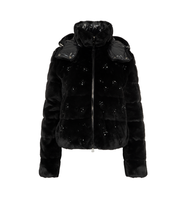 Image 1 of 4 - BLACK - MONCLER Andronne Sequin-Embroidered Hooded Short Down Jacket featuring faux fur, nylon laqu lining, down-filled, detachable hood, zipper closure, zipped pockets, elastic cuffs and hem and logo patch. 100% polyester. Lining: 100% polyamide/nylon. Padding: 90% down, 10% feather. Made in Italy.