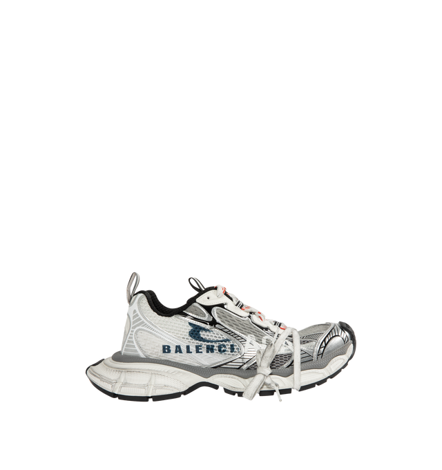Image 1 of 5 - WHITE - BALENCIAGA 3XL Split Logo Sneaker featuring worn-out effect, split artwork printed on the exterior, Balenciaga logo at the edge of the toe and at back, printed size on the upper and at the back of the heel, 3XL branding printed on the tongue and back and tongue pull-on tab with reflective detail. Polyurethane, polyester. Sole: rubber, EVA. Insole: foam.