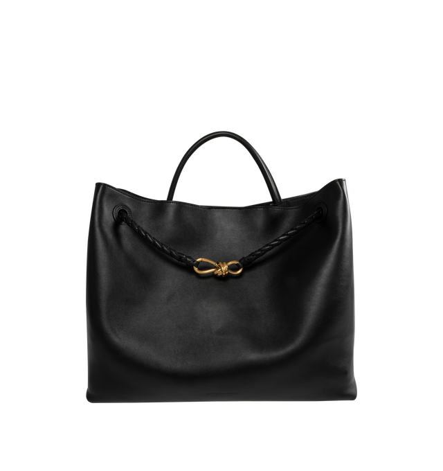 Image 1 of 4 - BLACK - BOTTEGA VENETA Large Andiamo Bag featuring top handle bag in silky calf leather with signature knot detail and sliding cross-body strap, intrecciato leather internal pocket and magnetic closure. Calfskin. Lining: suede. 13.8 x 16.5 x 7.1. Handle drop: 3.5. Strap drop: 17.7. Made in Italy.