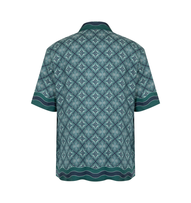 Image 2 of 2 - GREEN - Casablanca Men's Radiating Monogram Silk Shirt in an all-over printed design, featuring the house's Radiating Monogram pattern, Cuban collar, button closure, interlocking CC logo corozo buttons, a breast pocket, and Memphis wave-inspired stripe detail on the collar, cuffs, hem and pocket. Designed to be worn with the coordinating silk shorts. 100% silk twill fabric. Made in Italy.