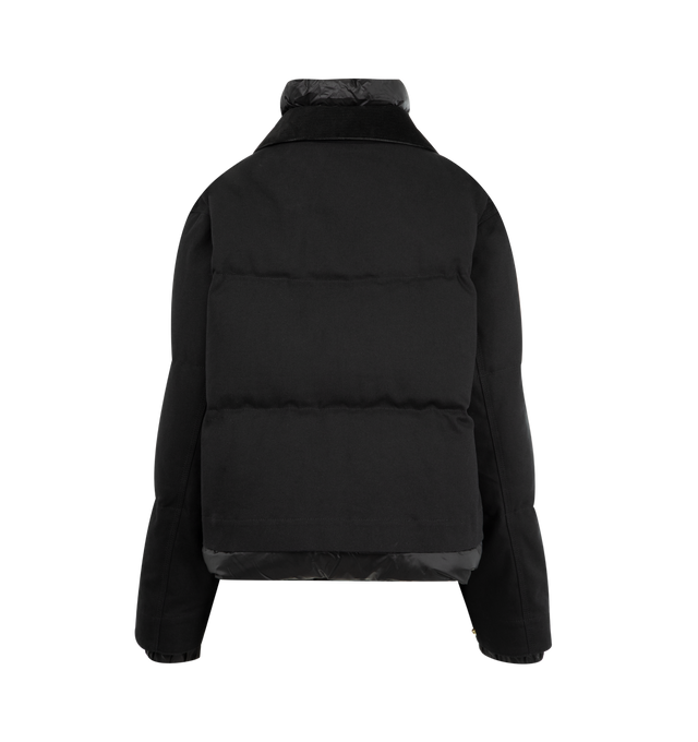 Image 2 of 3 - BLACK - Sacai x Carhartt WIP Duck Puffer Jacket in a boxy, cropped fit and layered silhouette combining a signature canvas exterior with a plush quilted nylon interior. Features stand collar and spread collar, long sleeves, elasticized snap cuffs, chest zip pocket, side patch pockets, concealed snap, two-way front zip closure, finished with a co-branded woven label. Cotton outer, 100% nylon and 100% cupro lining, 90% duck down/10% duck feather fill. Made in Japan.