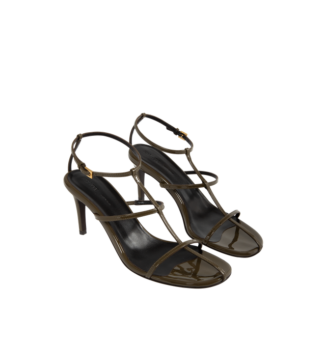 Image 2 of 4 - GREEN - KHAITE Cage Sandal featuring ribbon-like bands of patent calfskin, buckle-fastening ankle strap and concealed elastic inset at back for flexibility. 75MM.