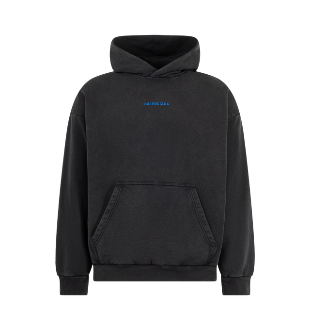 Image 1 of 2 - BLACK - Balenciaga Men's Medium-Fit Hoodie is crafted from dry cotton fleece and features dropped shoulders and a hood without a drawstring. A front kangaroo pocket, gathered cuffs and hem, and embroidered Balenciaga Back artwork at the front and back complete the design. Main Material: 100% Cotton. Embroidery: 100% Polyester. Made in Portugal.