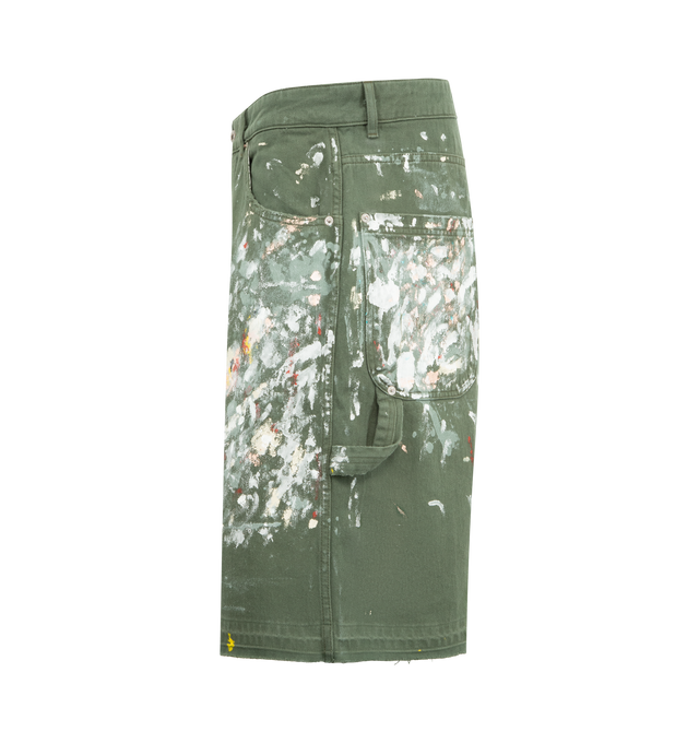 Image 3 of 3 - GREEN - GALLERY DEPT. Platoon Painter Shorts featuring denim shorts with paint-splatter detailing, classic construction, mid rise, button and zip fastening and five-pocket design. 100% cotton.
